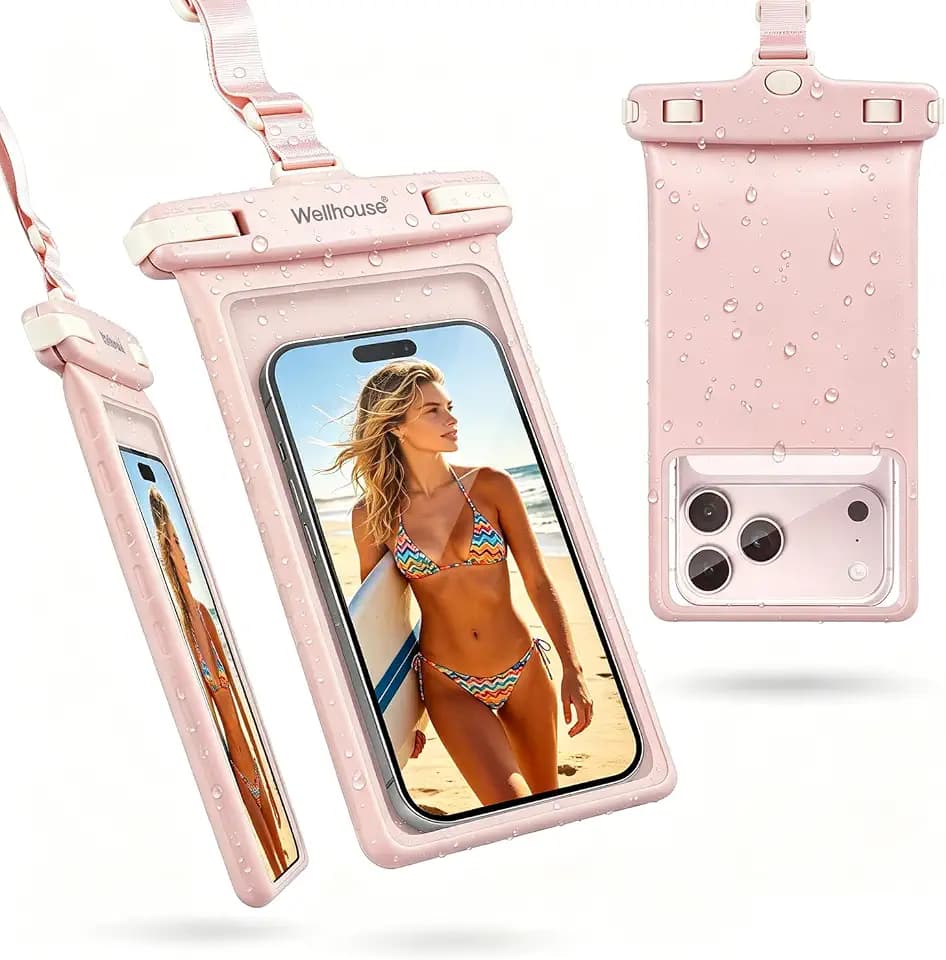 wellhouse Wasserdichte Handytasche/Handyhülle für iPhone 15, 14, 13, 12 Pro Max, XS, Samsung, IPX8, 3D, Strand-Essentials (Rosa, 1er-Pack, 8 Zoll (20,3 cm)