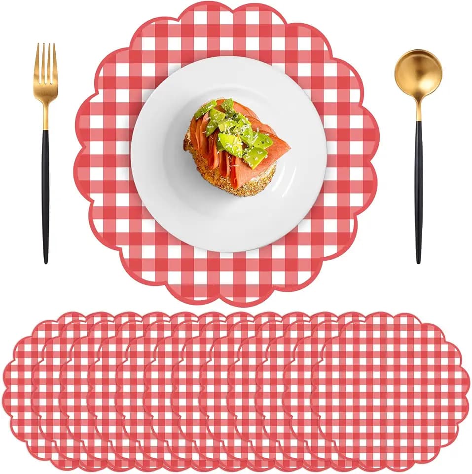 60 Pcs Red and White Gingham Paper Placemats, Scalloped Checkered Place Mat