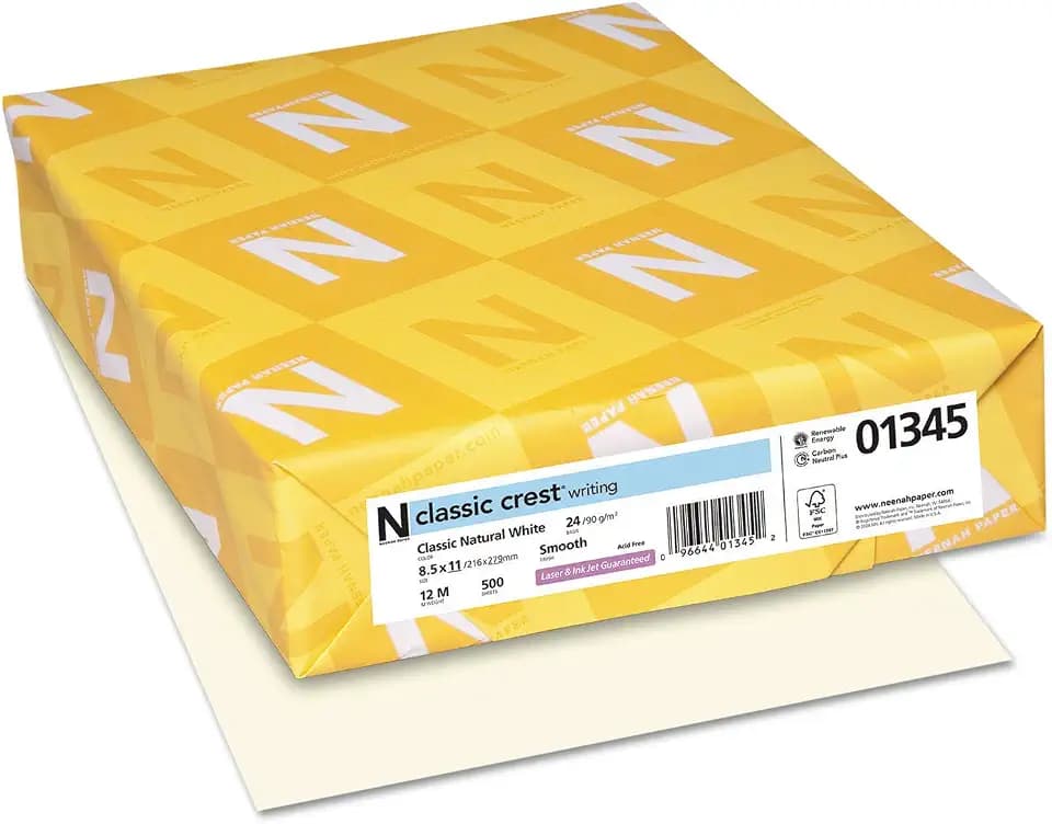Neenah Paper 01345 Classic Crest Premium Paper, 24 lb, 8.5 x 11 Inches, White, 500 Sheets per Ream, Classic Natural White