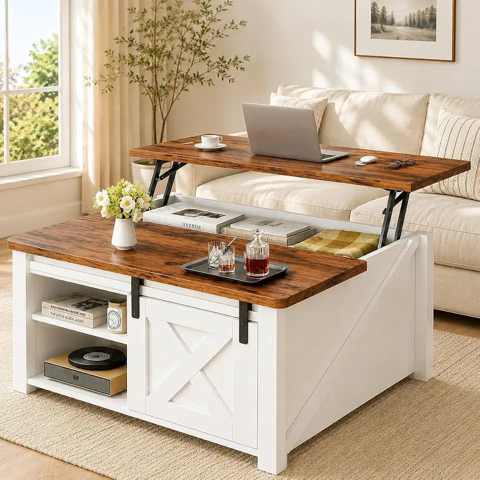 Simple Deluxe Lift Top Coffee Table with Storage, Farmhouse Coffee Table for Living Room, Coffee Tables with Hidden Storage, Coffee Tables with Lifting Top Center Table for Living Room(White)