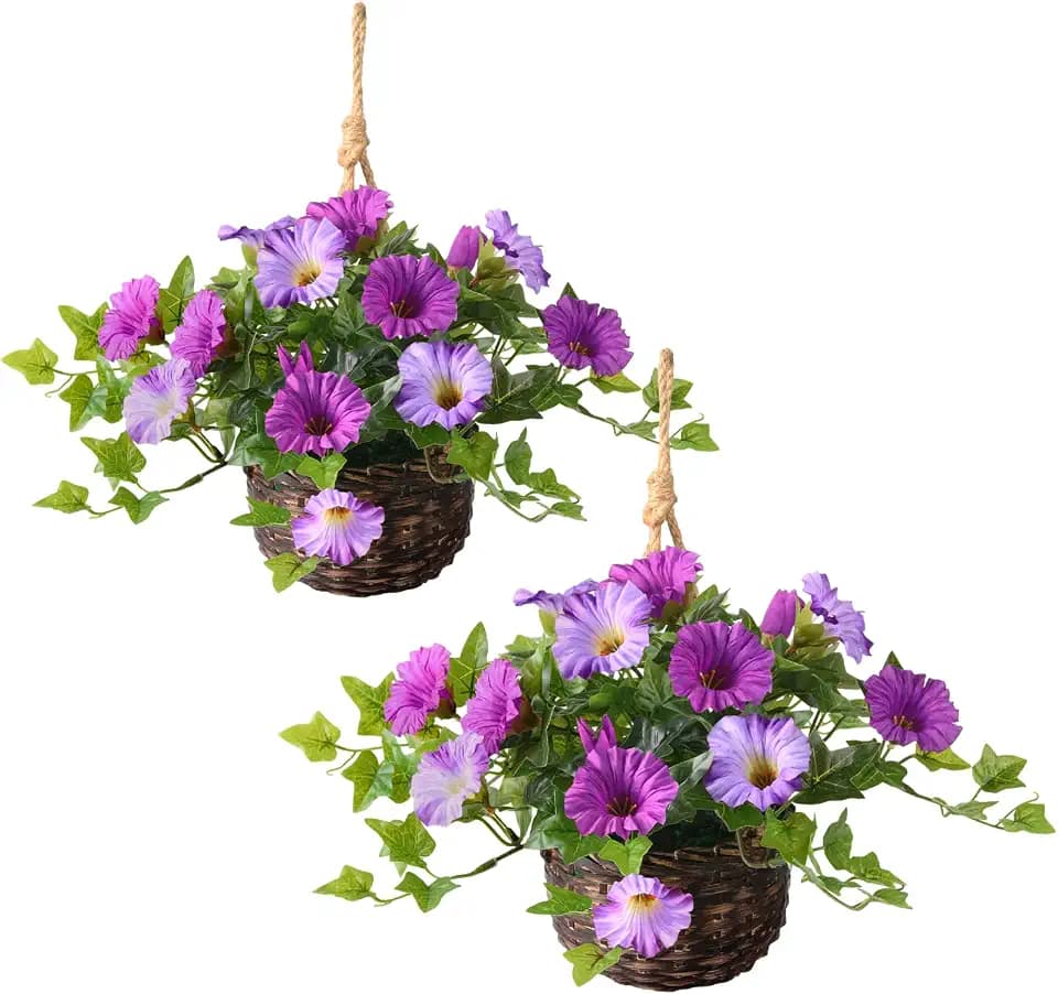 ZFProcess 2 Set Artificial Outdoor Flowers with Hanging Basket, 2 Hanging Planters Faux Silk Morning Glory Flowers for Spring Summer Front Porch Garden Patio Home Decor(Light Purple Red)