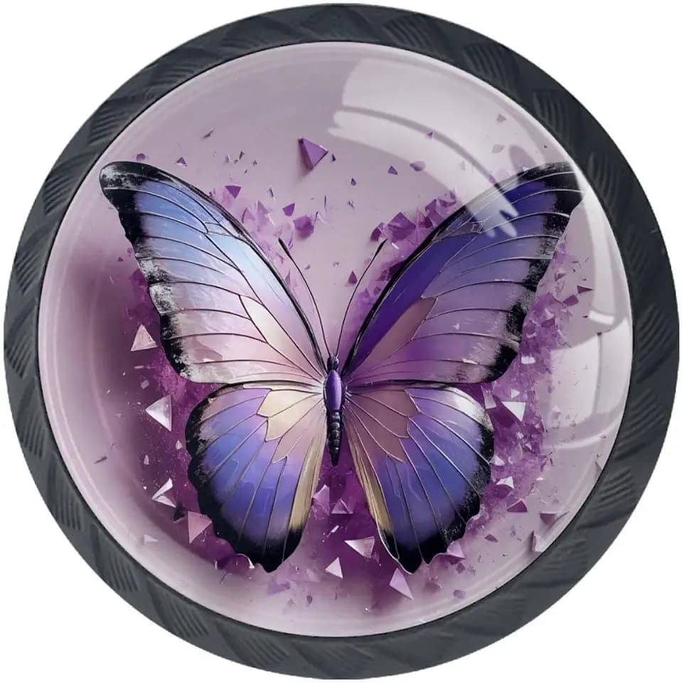 4 Pack Decorative 1.37" Cabinet Knobs, Purple Butterfly Crystal Glass Knobs, Black Drawer Pulls Handles Cabinet Hardware for Bathroom Dressers Kitchen Hardware