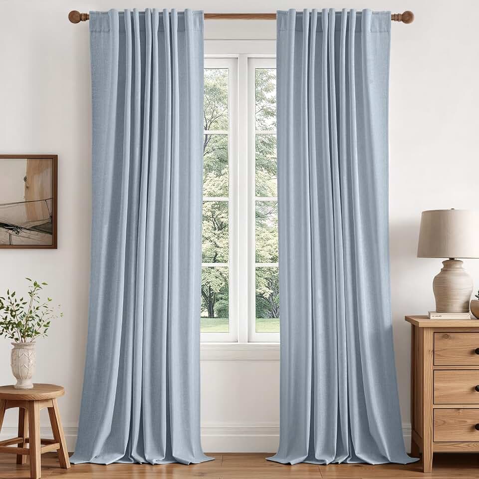 MIULEE 100% Blackout Linen Curtains for Bedroom 40W x 96L Light Blue