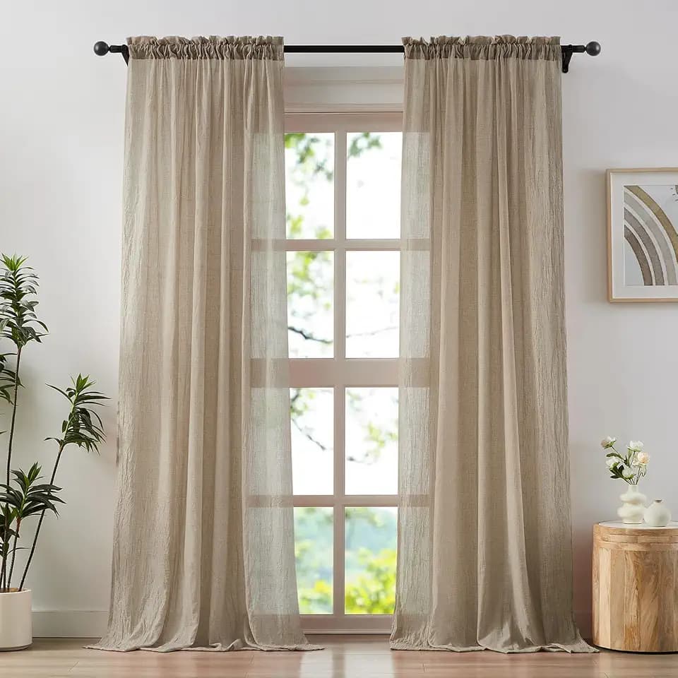 Anpark Tan Beige Sheer Curtains 90 Inches Long for Living Room, Bedroom Light Filtering Cotton Linen Textured Crinkle Sheer Drapes Rod Pocket Lightweight Thin Curtains, W52 x L90 in, 2 Panels