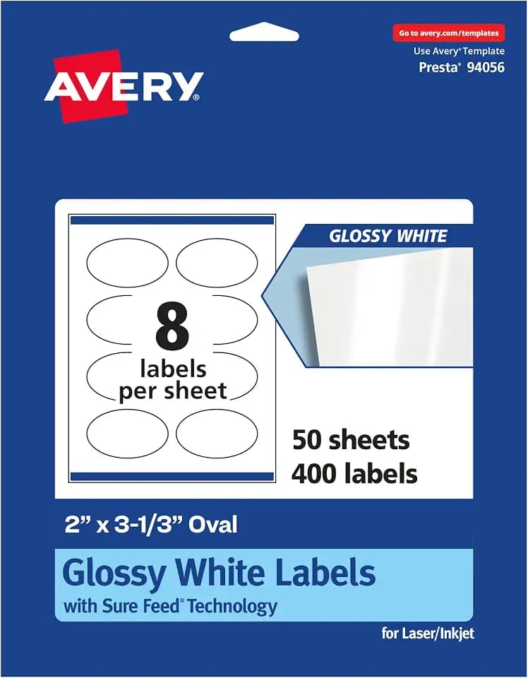 Avery® Glossy White Oval Labels, Sure Feed® Technology, 2" x 3-1/3", 400 Glossy White Labels, Print-to-The-Edge, Permanent Adhesive, Laser/Inkjet Printable