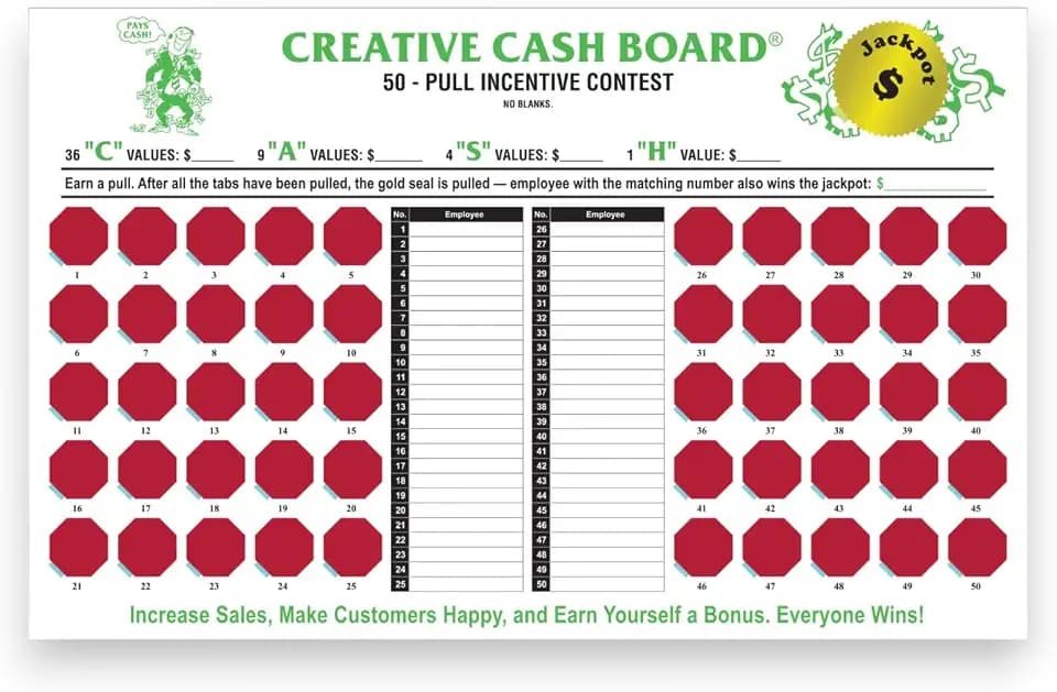 Creative Cash Board - Sales Incentive Game Board - 50 Tabs to Increase Sales
