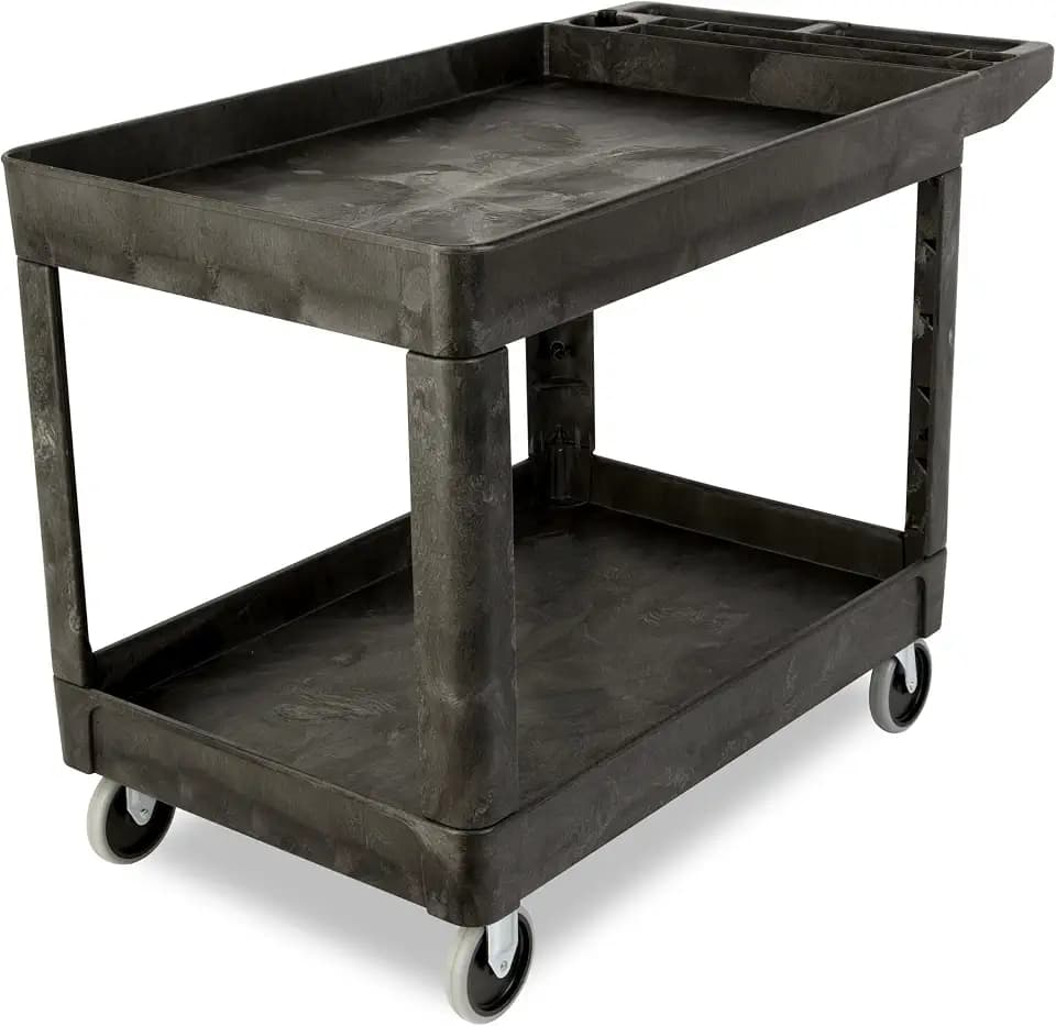 Rubbermaid Commercial Products 2-Shelf Utility/Service Cart, Medium, Black, Lipped Shelves, Ergonomic Handle, 500 lbs. Capacity, for Warehouse/Garage/Cleaning/Manufacturing