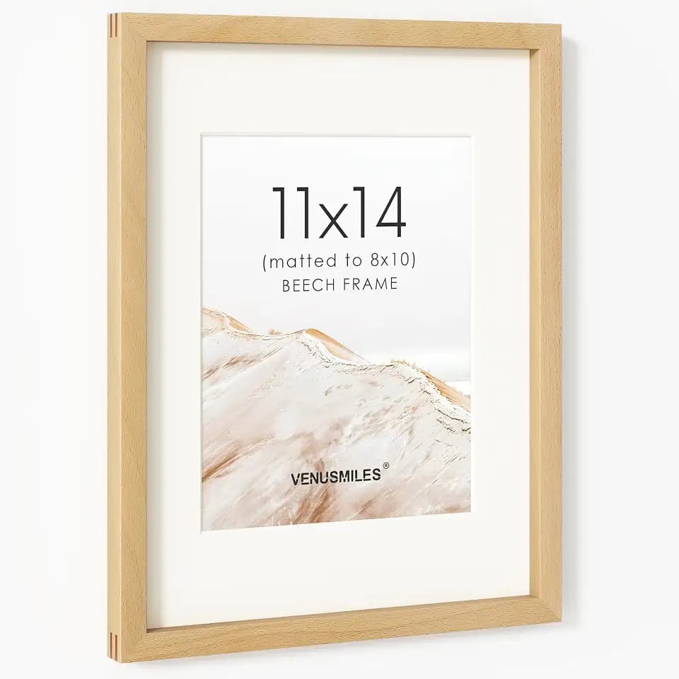 11x14 Picture Frame, USA-Sourced Natural Beech Wood Photo Collage Frame with HD Tempered Glass, Modern Simple 11 x 14 Wooden Frame Matted to 8x10, Vertical & Horizontal Wall Hanging Display