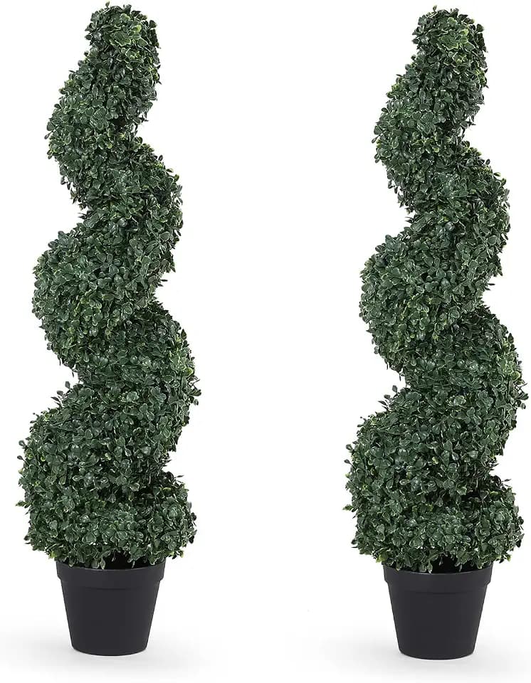3ft Spiral Artificial Boxwood Topiary Trees Outdoor Set of 2