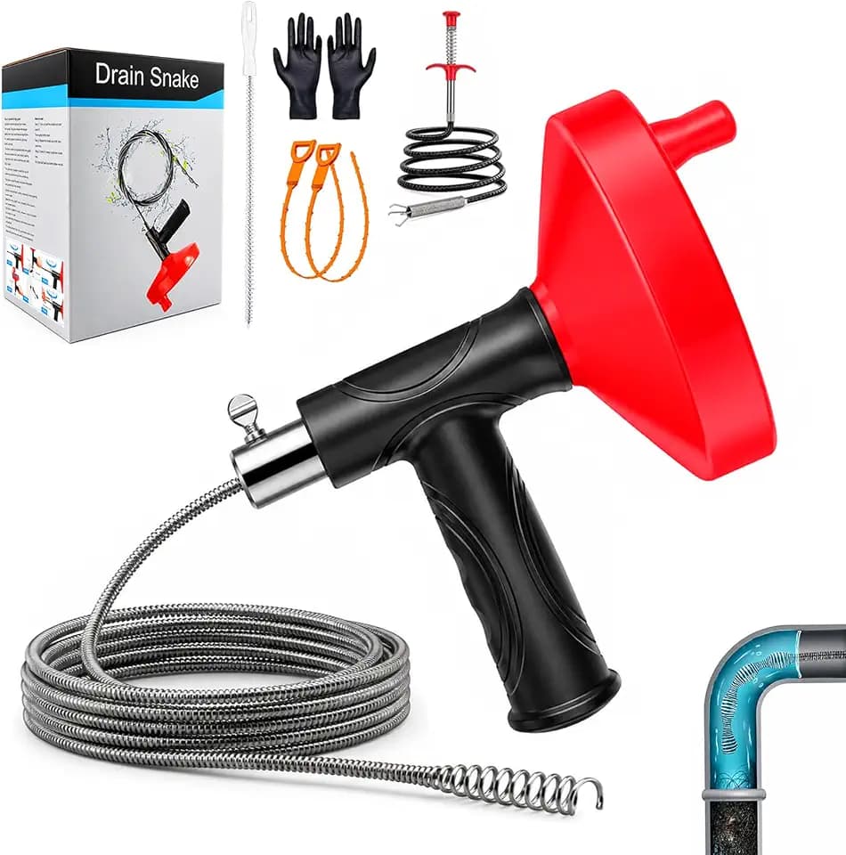 Drain Snake Auger, 33 FT Plumbing Snake Drain Hair Clog Removal Tool, Heavy Duty Snake Auger, Sink Unclogger Drain Cleaner Tool for Bathroom Kitchen Tub Shower Drain Clog Remover with Gloves, Red