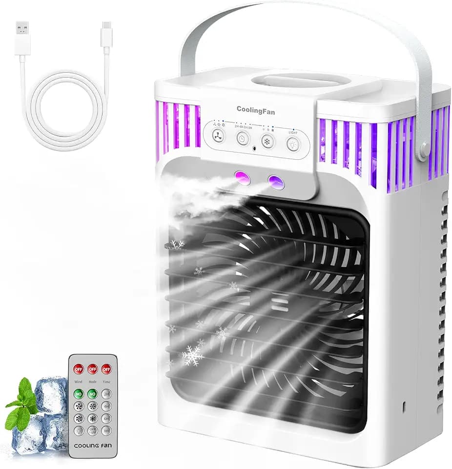 Portable Air Conditioners, 4 in 1 Cooling Fan with 3 Speeds & 3 Mist Modes,1200ml Water Tank, 2-8H Timer, Remote Control, 7 Color Night Light, Quiet Small Air Cooler for Bedrooms Office Car