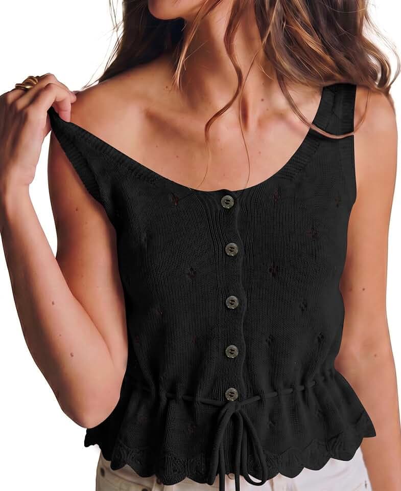 Balimtoy Womens Sweater Vest Tie Front Crochet Knit Peplum Tops