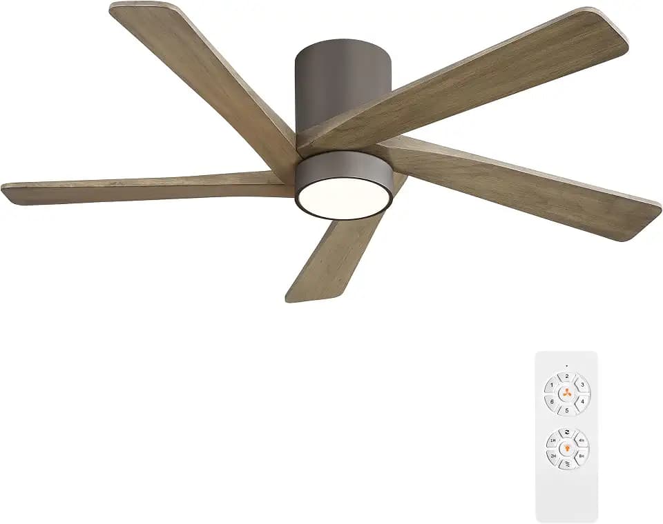 WINGBO 48 Inch Flush Mount DC Ceiling Fan with Lights and Remote, 5 Reversible Carved Wood Blades, 6-Speed Noiseless DC Motor, Hugger Ceiling Fan in Graphite Finish with Gray Blades, ETL Listed