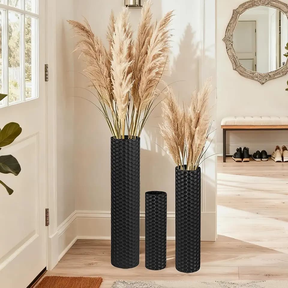 Black Tall Floor Vase - Set of 3 Large Metal Decorative Vases