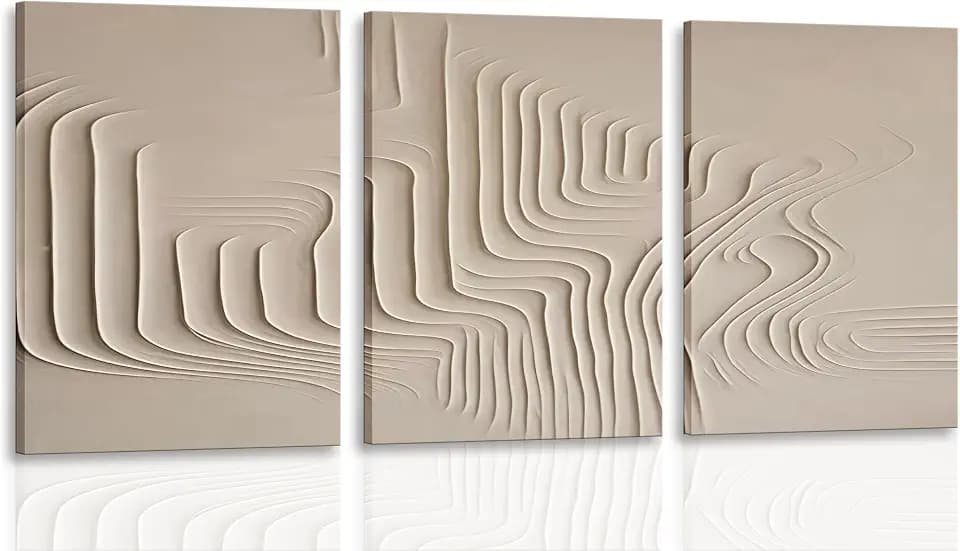 3Pcs Framed Beige Cream Abstract Textured Line Art Curved Canvas Wall Art Prints Posters Pictures Paintings Wall Decor for Minimalist Boho Living Room Bedroom Office Decoration