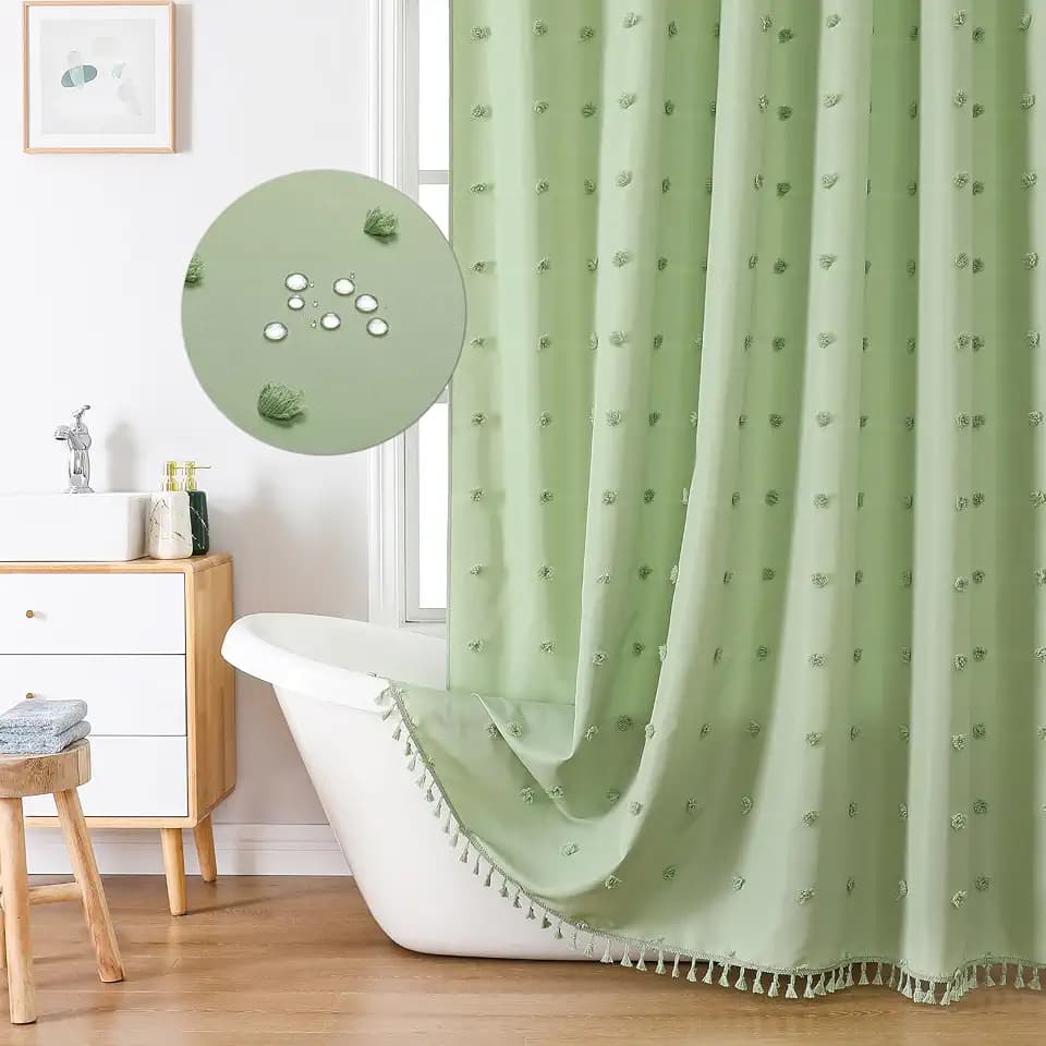 LilyCat Green Farmhouse Tufted Floral Shower Curtain with Tassel, 72" x 78"