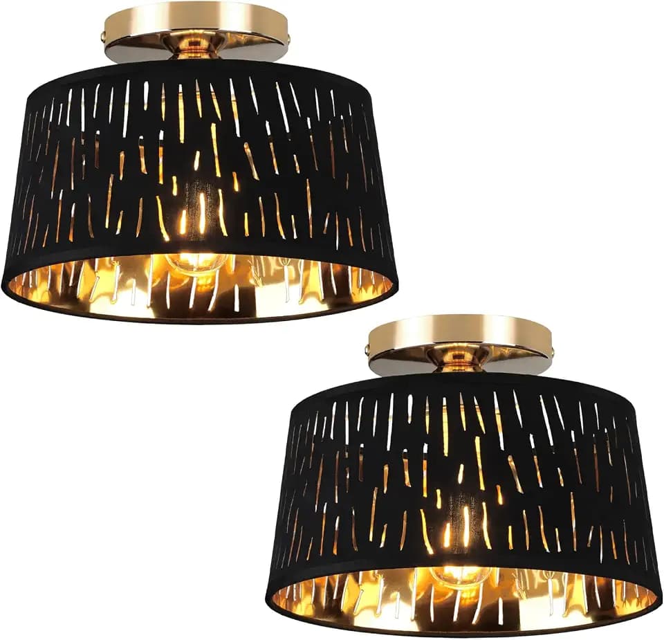 Modern Ceiling Light Fixture 2 Pack, 10 Inch Semi Flush Mount Lamp with Black Cut-Out Linen Shade, E26 Base, Gold for Kitchen Bedroom Hallway Closet Entryway Room Small Spaces