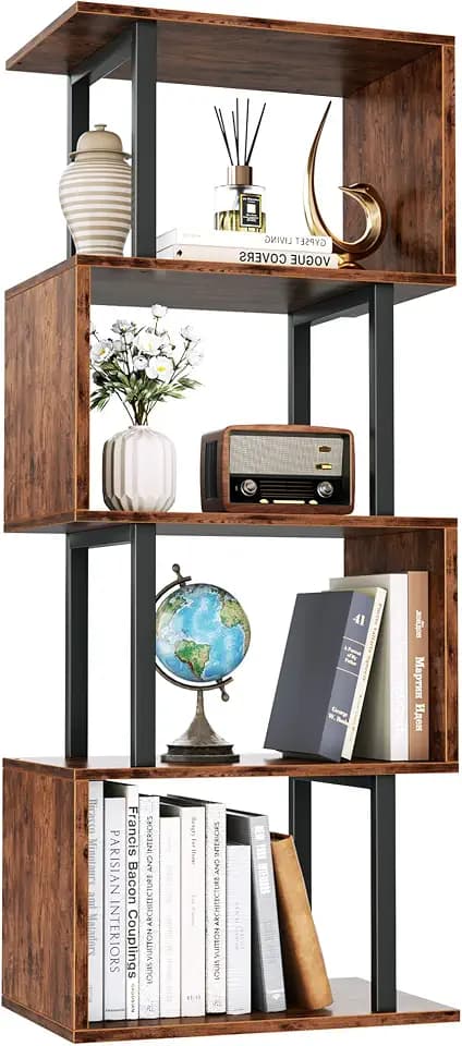 Furologee 5 Tier Bookshelf, S Shaped Geometric Bookcase, Rustic Brown