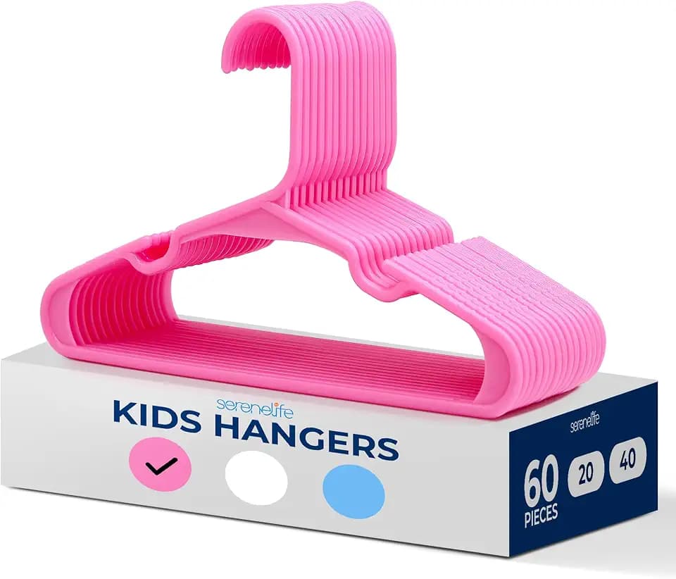SereneLife 60 Pack Plastic Kids Hangers for Organising Clothes, Pink