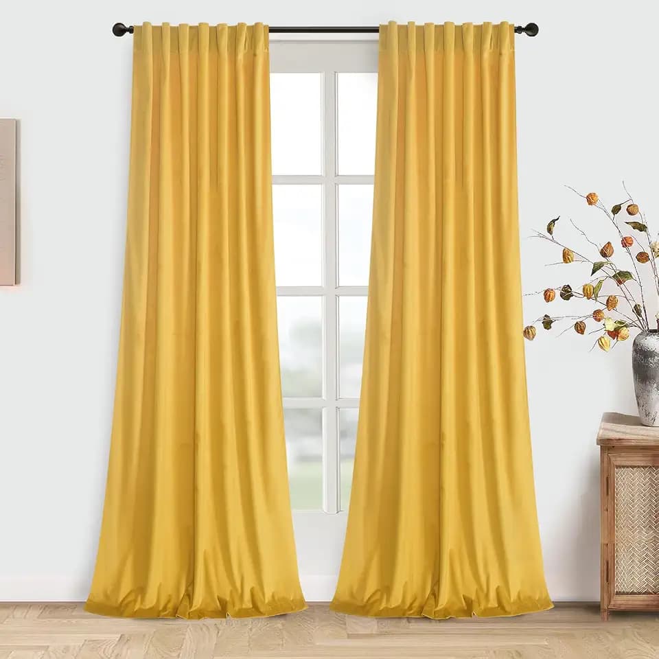 Roslynwood Luxury Soft Warm Yellow Velvet Curtains 90 inches Long Back Tab Thermal Insulated Blackout Window Drapes for Living Room/Bedroom/Dining Room, W52 x L90, 2 Panels