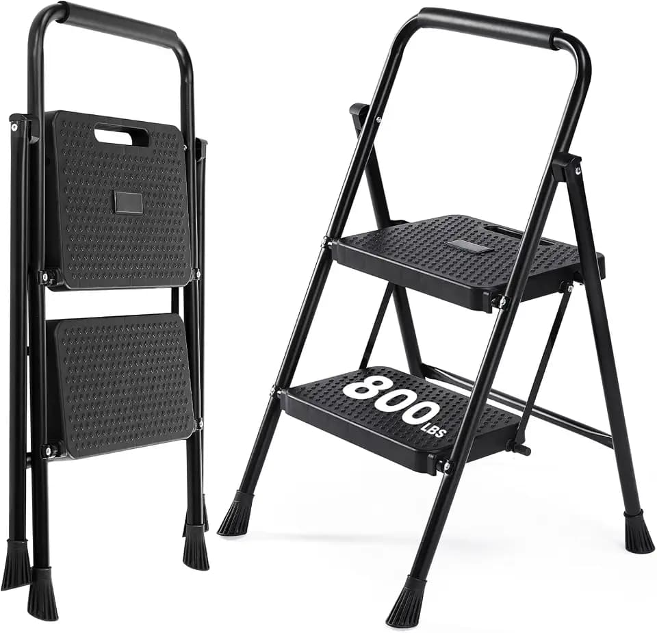 DUMOS Step Ladder, 2 Sturdy Step Stool with Anti-Slip Pedal & Comfortable Handrail, Portable Heavy Duty Stool for Kitchen, Garage & Outdoor Use, 330lbs, Black
