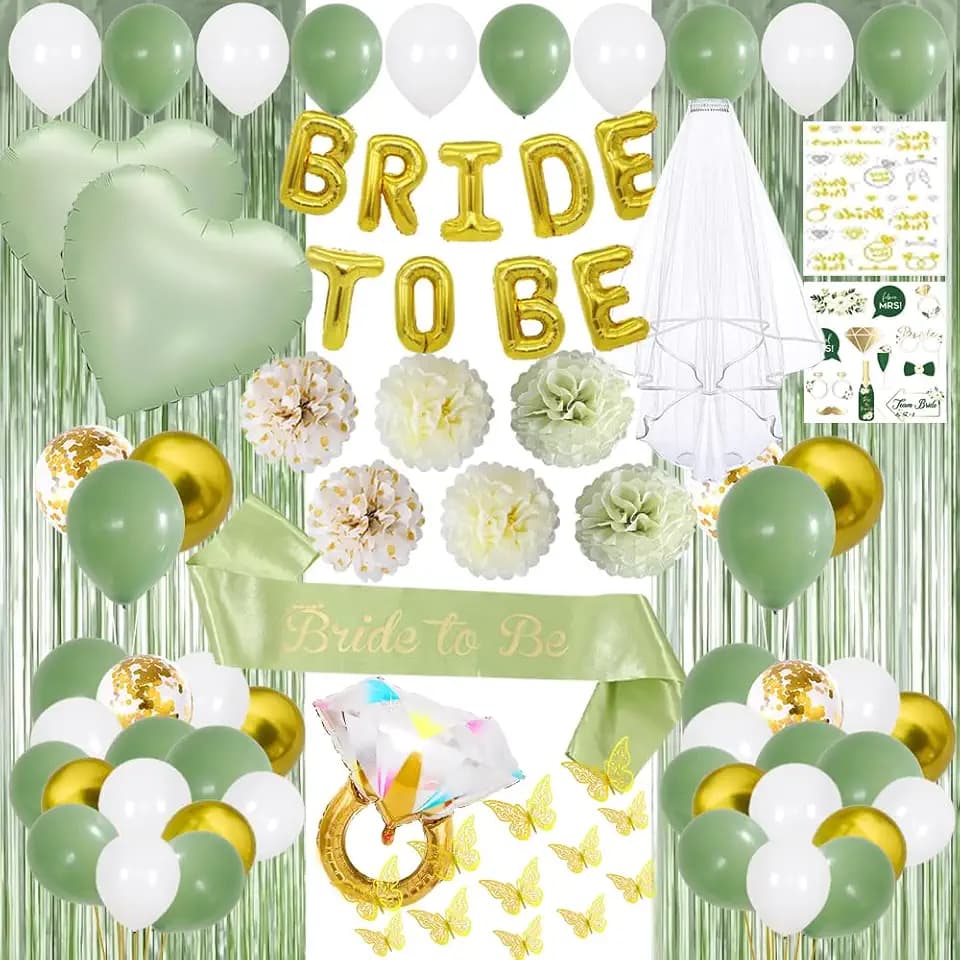 Bridal Shower Decorations,Bachelorette Party Decorations,Bride to Be Bridal Shower with Balloons,Bridal Veil Sash Fringe Curtain for Bachelorette Party favors (Green)