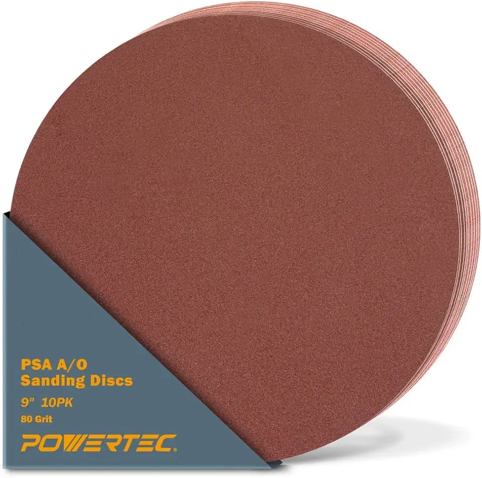POWERTEC 10 PCS 80 Grit 9 Inch PSA Sanding Discs, Self Stick Adhesive Sandpaper, 9" for Drywall, Woodworking, Paint, Epoxy with Random Orbital Sanders, DA Sanders, 6x48 Belt Disc Sander (110580)