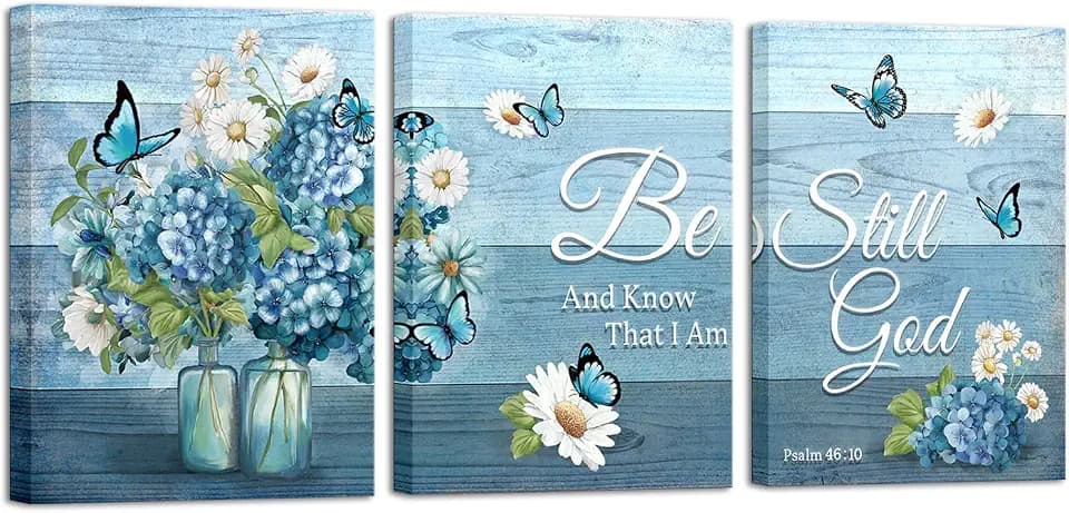 Nachic Wall Blue Inspirational Wall Art Rustic Flowers Pictures Quotes Canvas Prints Farmhouse Floral Paintings for Bedroom Bathroom Wall Decor 12"x16"x3pcs