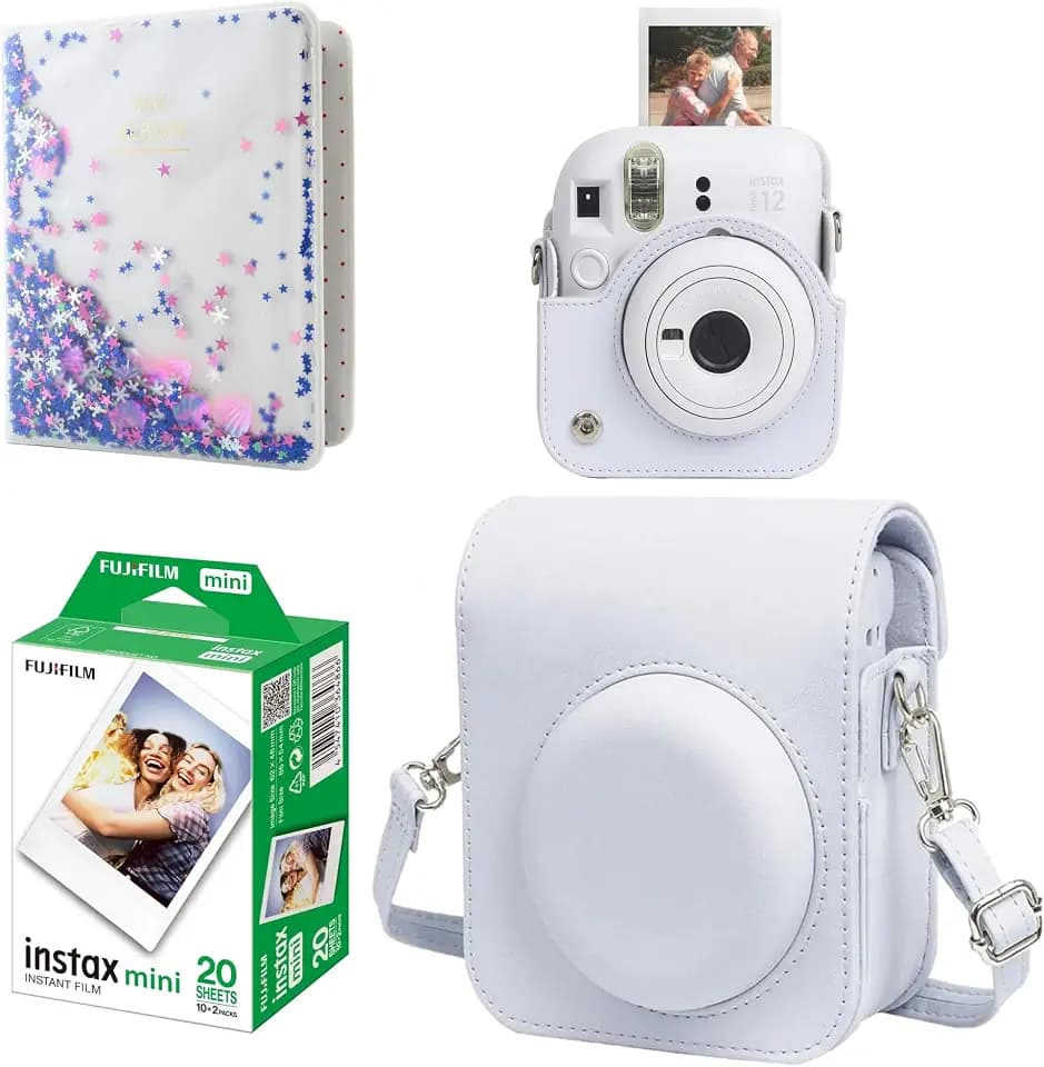 Mini 12 Kamera Starter Kit für Fuji Instax Mini 12 Clay White Inklusive Mini Sofortfilm 20 Fotos, Passende Farbe PU Ledertasche für Instax Mini 12 Weiß & 64 Pocket Mini Fotobuch Album ID