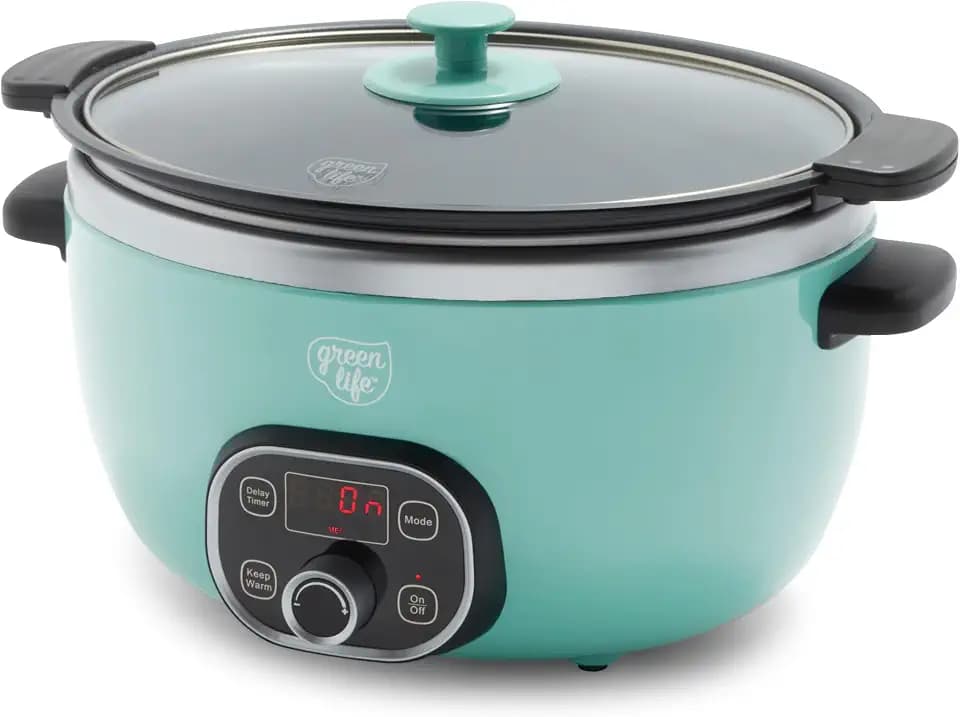 GreenLife 6QT Ceramic Nonstick Slow Cooker, Cooktop/Oven Safe, Turquoise