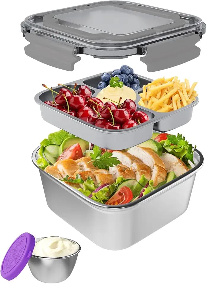 Salad Container for Lunch Large-60-oz,3 Compartment Bento-Style Tray and 1.5-oz Salad Dressings Container,Stainless Steel Food Containers with Lids, Lunch Box, Bento Box (Grey)