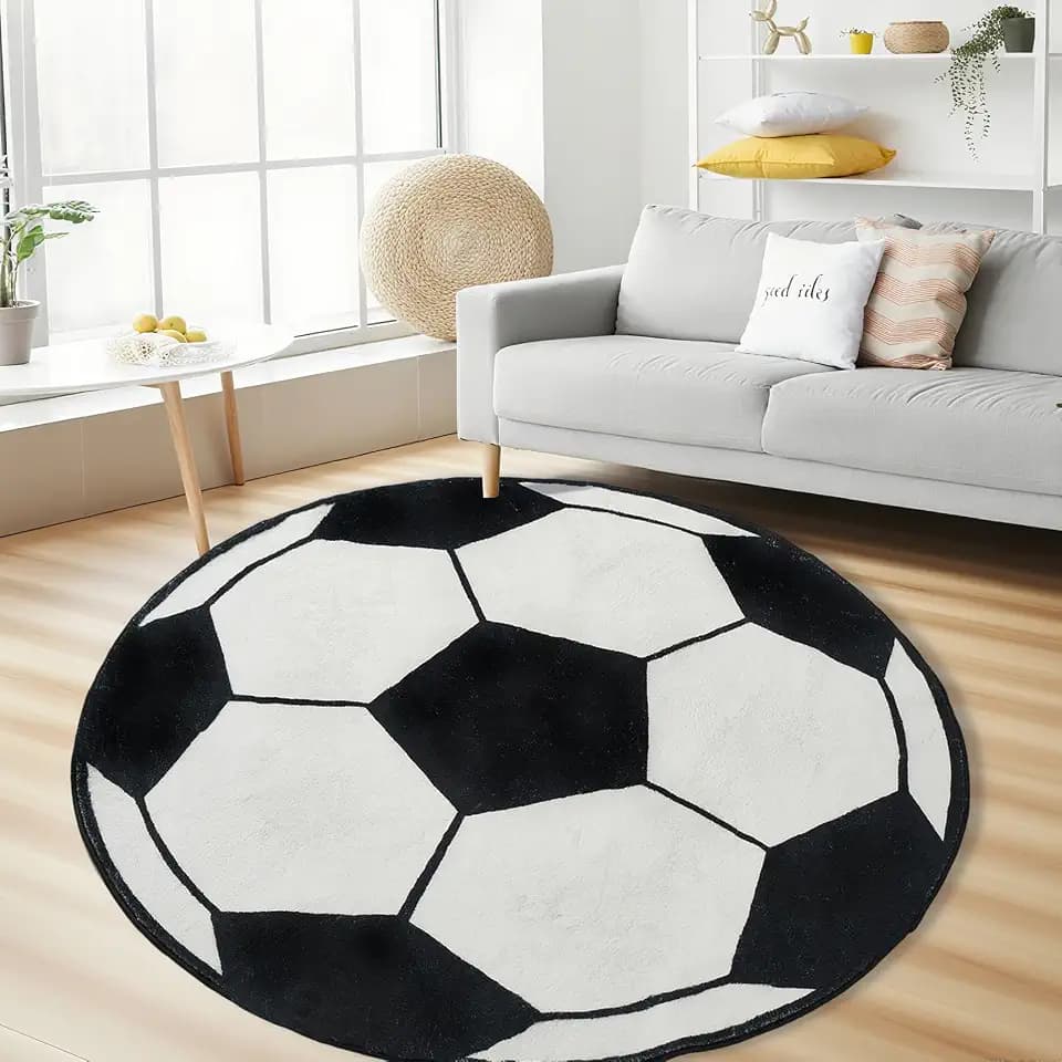 Round Soccer Rug–4ft Soft Washable Sport Area Rugs with Non Slip Backing, Carpet for Bedroom, Living Room and Soccer Room Decor