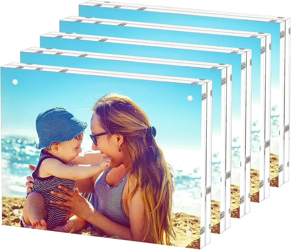 HELPLEX Acrylic Frame, 5 Pack 8x10 Picture Frames, 20mm Thicker Frameless Clear Frame Double Sided Magnetic Frame, Free Standing Desktop Display Stand Acrylic Frames