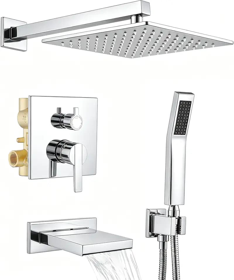 Shower System with Tub Spout, All Metal Bathtub Shower Faucet Set with High Pressure 10 Inch Rain Shower Head and Handheld Shower Head Set, Chrome (Valve Include)