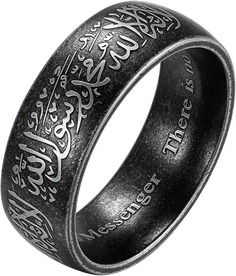 Hipunk Stainless Steel Islamic Muslim Shahada Ring - Mohammad Arabic Letter Rings Band Prayer Religious Calligraphy Ayatul Kursi Allah Rings Eid Ramadan for Men Women Size 9-12