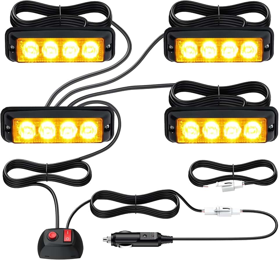 Justech 4er Warnlicht Stroboskoplicht Bernstein Warnung Beacon Mit KFZ-Ladegerät Notfall Licht Achtung Blinklicht 12V 24V Universal für Auto Fahrzeug Truck Trailer Caravan Camper Van