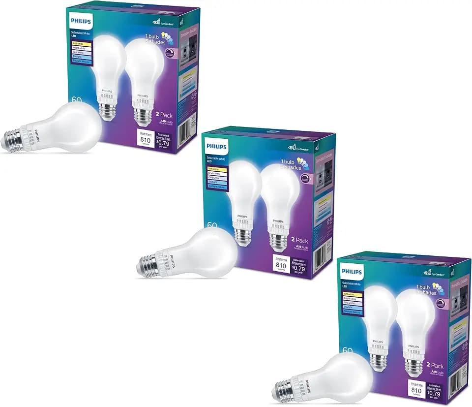 Philips LED Selectable White Bulbs 6-Pack, 6.5 W, A19, 5CCT, Dimmable, EyeComfort, Easy to Use, T20, Frosted Glass, E26,