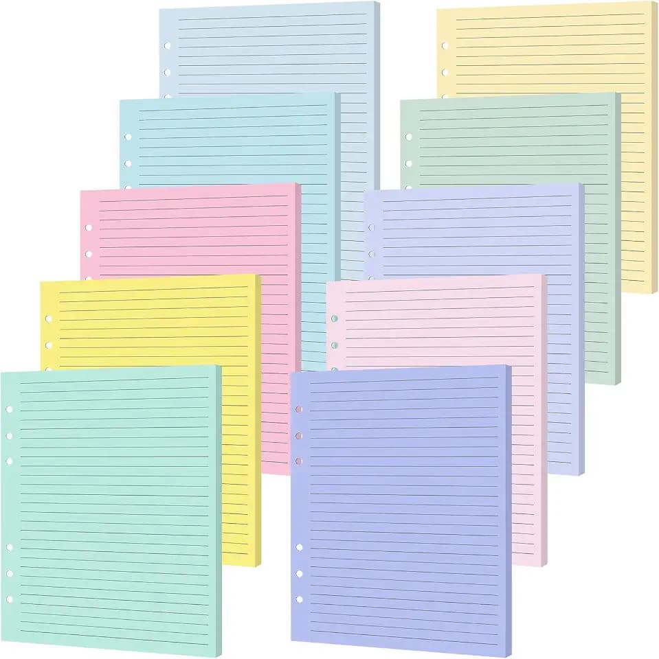 100 Sheets A5 6-Hole Loose Leaf Lined Refill Papers Binder Inserts, Pastel