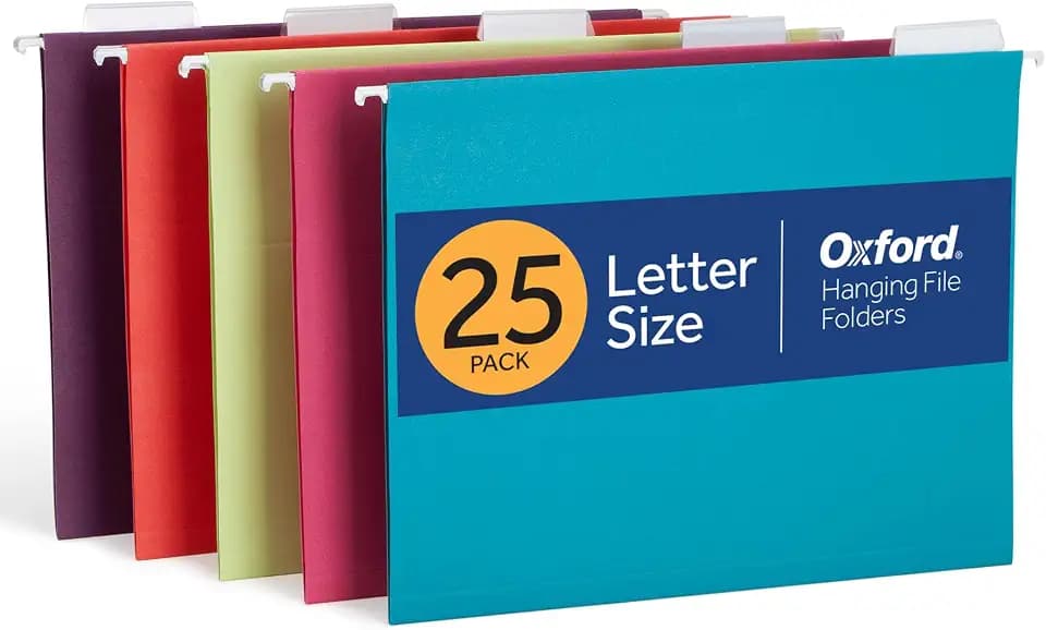 Oxford Hanging File Folders, 25 Pack, Letter Size (8.5" x 11"), 5 Bright Colors, 5 Tab Positions, Includes Tabs and Inserts, Hanging Files for Office and Document Organization
