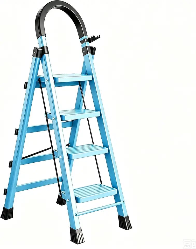 Blue Folding 4 Step Ladder with Handrail. (Blue, 4)