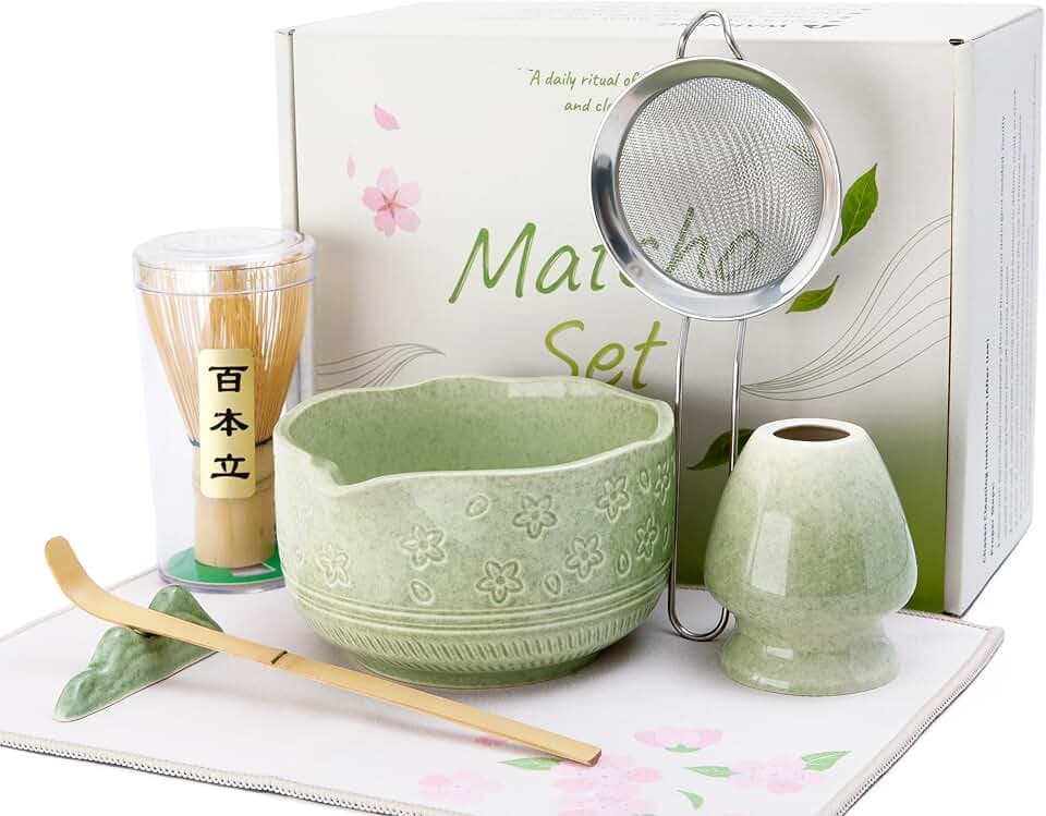 ALBISS Matcha Whisk Set, 7Pcs Ceramic Matcha Kit with Cherry Blossom Design