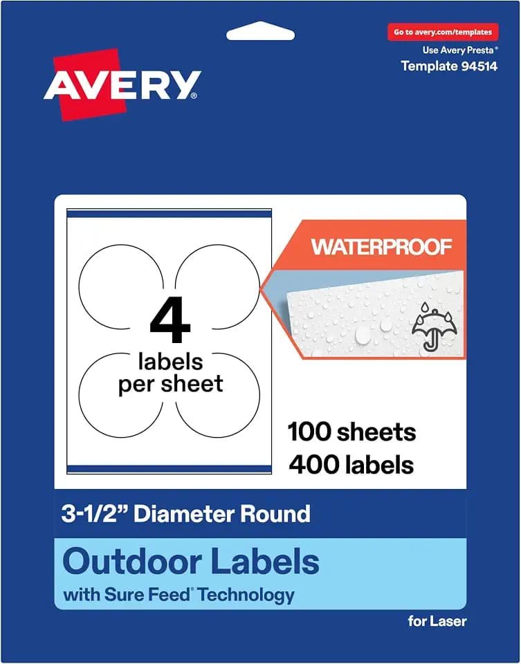Avery Outdoor Waterproof Round Labels with Sure Feed Technology, 3.5" Diameter, White Film, Print-to-the-Edge, Compatible with Laser Printers, 400 Labels Total