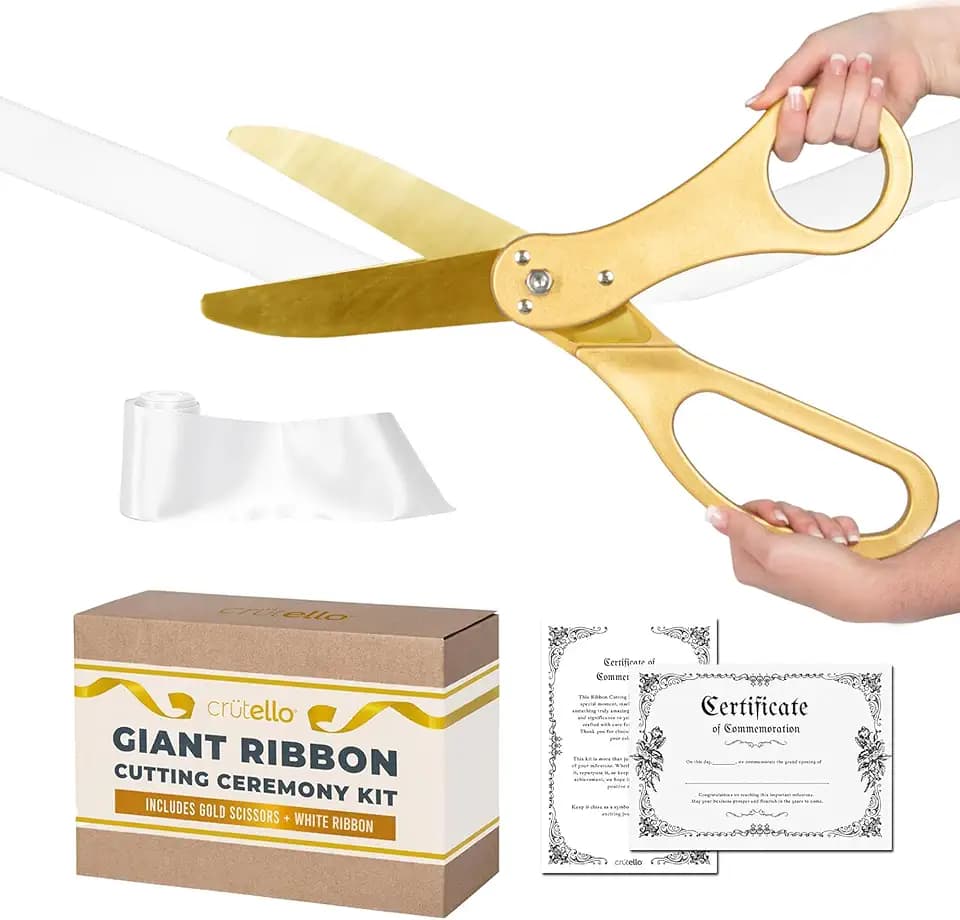 Crutello Ribbon Cutting Ceremony Kit - 21" Gold Scissors, White Ribbon