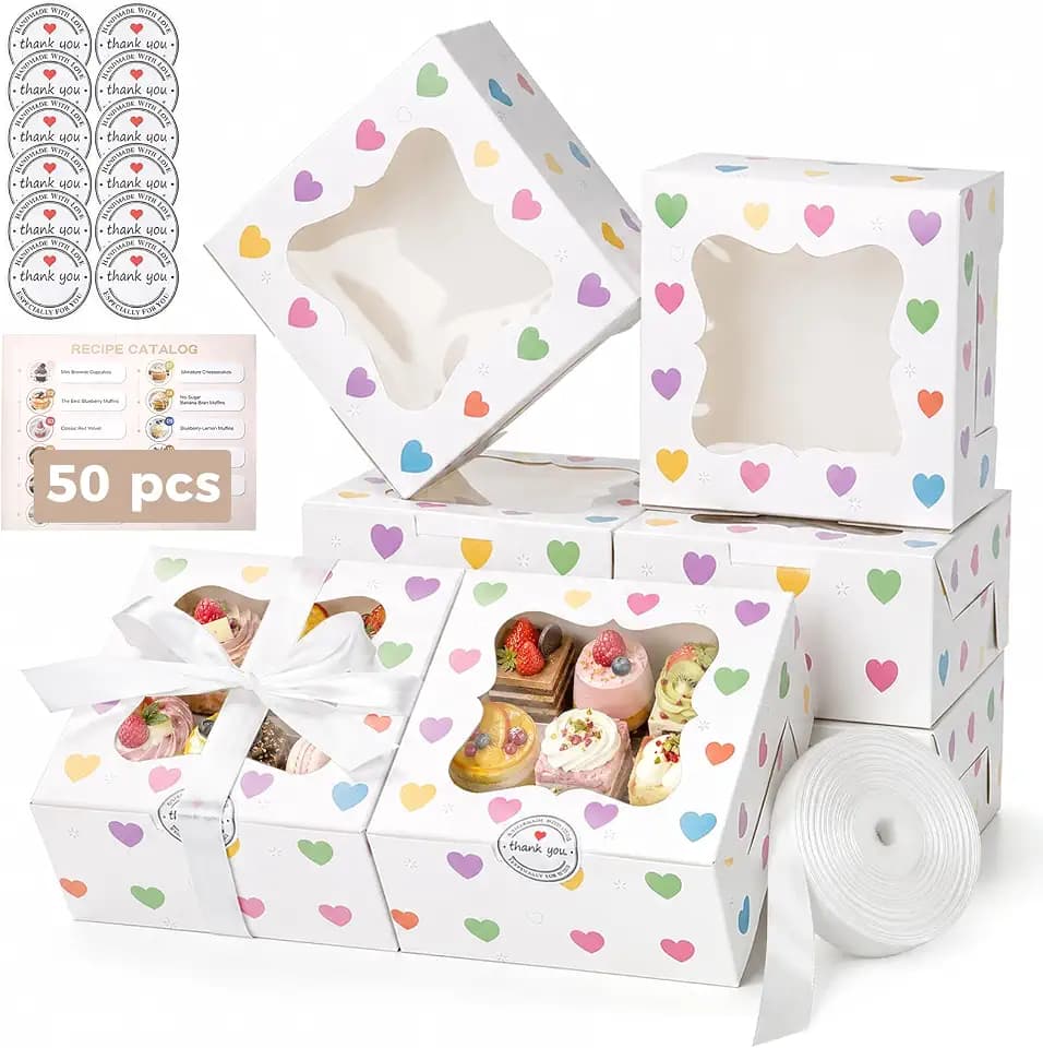 OAMCEG 50 Pack Cookie Boxes with Window,6x6x3 Inch White Bakery Boxes
