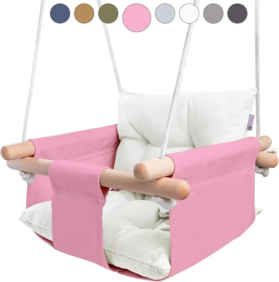 CaTeam Canvas Baby Swing Seat with 5-Point Safety Belt — Wooden Hanging Toddler Swing, Indoor & Outdoor, Ages 1-4, Ceiling Mount Hardware Included, Pink