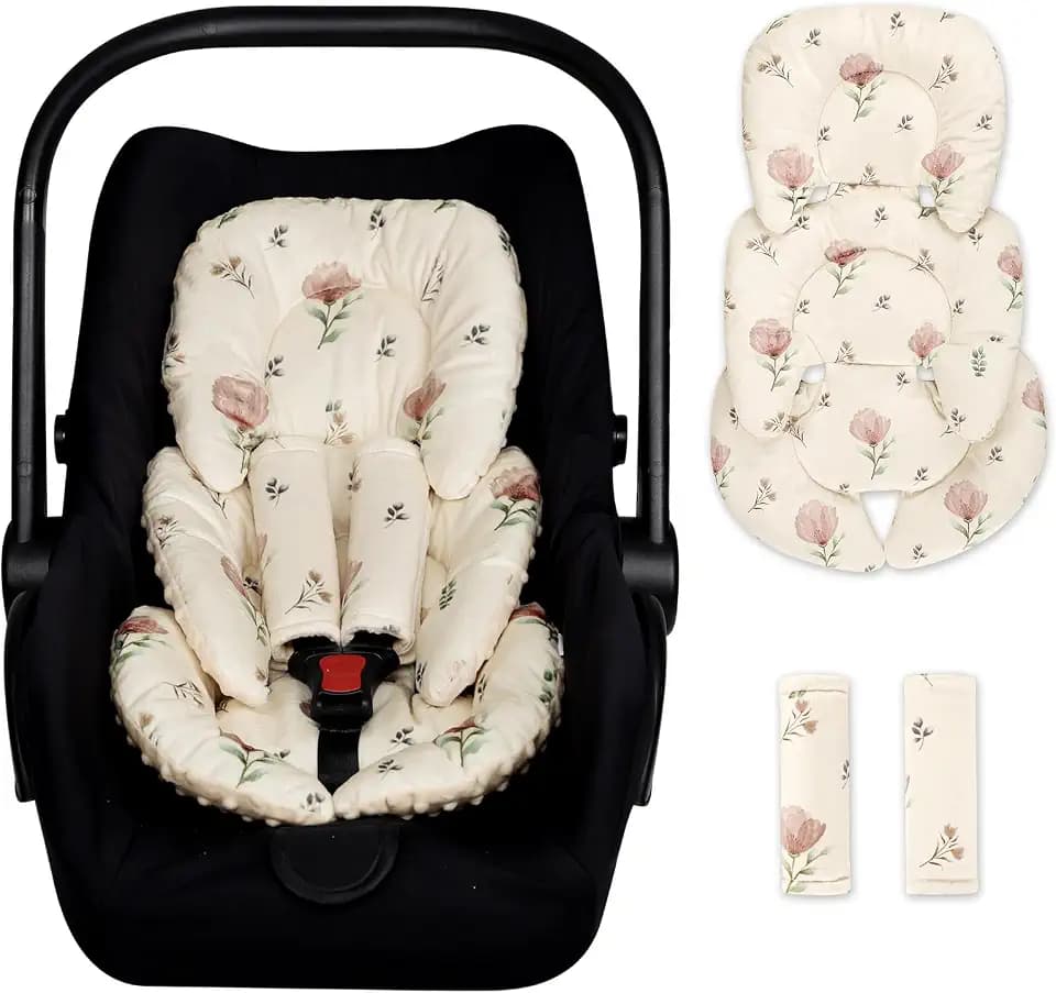 Infant Car Seat Insert with 2 Strap Pads, Super Soft Carseat Head and Body Support for Baby Boys and Girls, Reversible Newborn Car Seat Insert Cushion for Strollers, Bouncers, Swing, Simple flowers