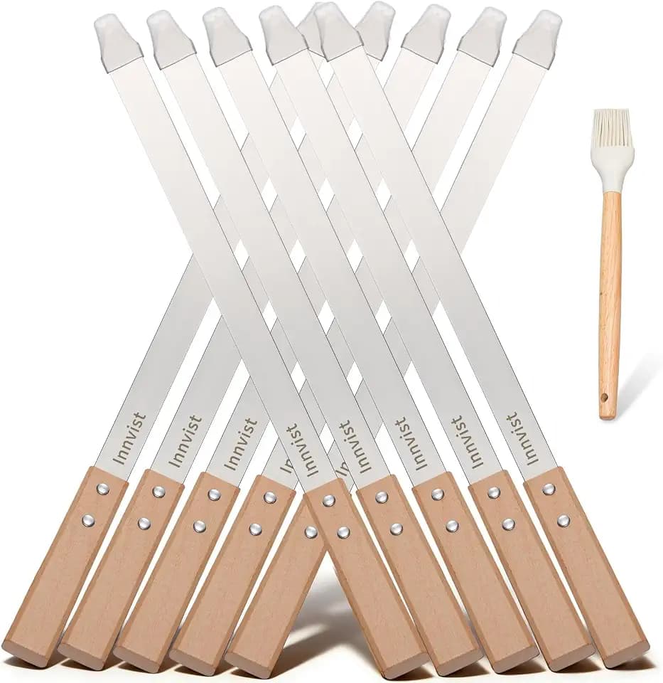 10PCS Stainless Steel Koobideh Skewers, 23.6" Flat Persian Kabob Skewer, Metal Long BBQ Skewers for Grilling Meat with Wood Handle and Silicone Brush for Picanha Brazilian Shish Adana Kebab