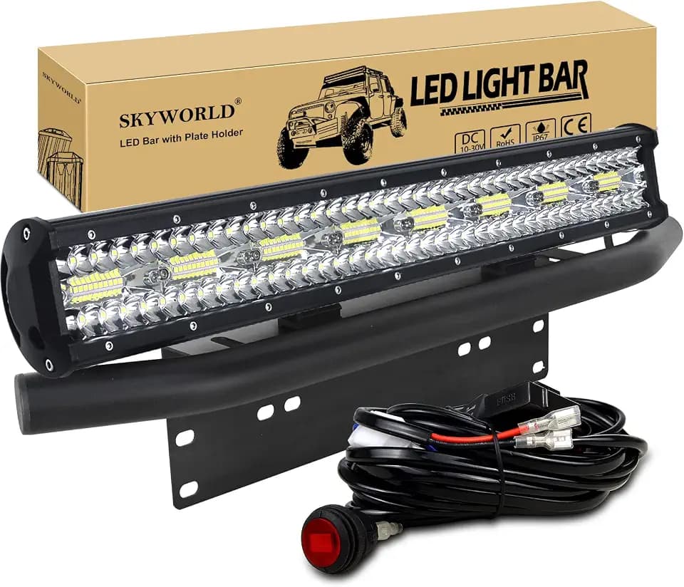 SKYWORLD 59 cm 480W LED Arbeitsscheinwerfer Bar 12V 24V Spot-Flood-Kombistrahl Zusatzscheinwerfer mit schwarzer Kennzeichenhalterung Toggle Switch Kabelbaum-Kit für LKW PKW ATV SUV 4x4 LKW Coche
