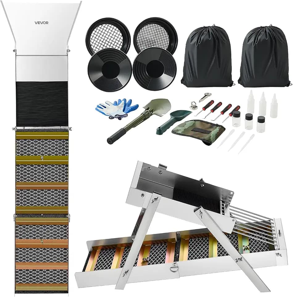 VEVOR Highbanker Gold Panning Kit, 50" 3-in-1 Folding High Banker Gold Sluice Box, 26 PCS Portable Mining Equipment Prospecting Kit with Gold Pans, Classifier Screen, Magnet, Backpack, and Accessories