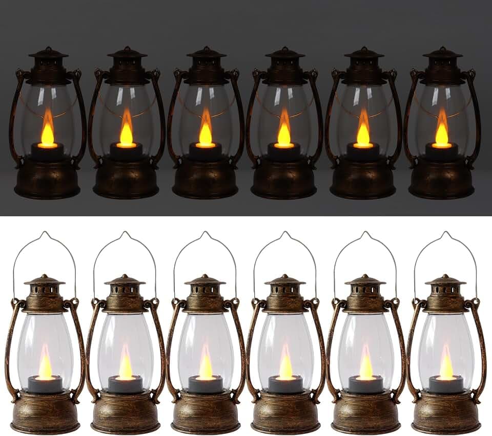 LLQ 12 Pack Vintage Decorative Lanterns, Mini Candle Lantern Decorative LED Candle Holders with Flameless Candles for Wedding Table Centerpieces, Christmas Party Outdoor Decorations, Brown